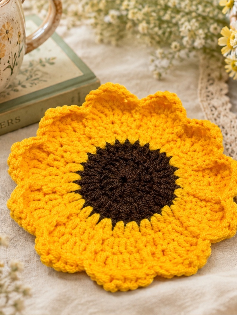 Crochet Sunflower Coaster Yellow Brown Flower Mug Coaster Cottagecore Decor
